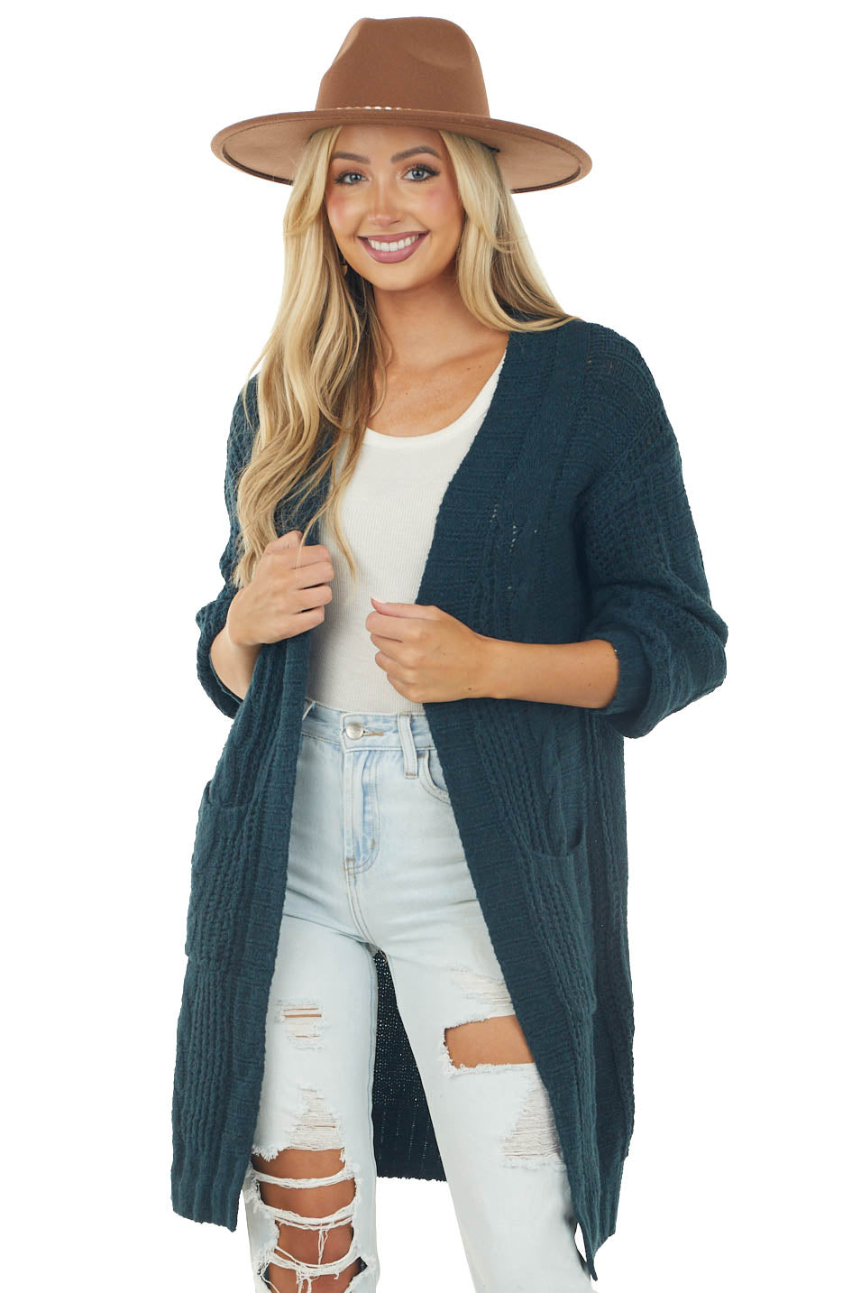 Dark Teal Open Front Twisted Knit Cardigan