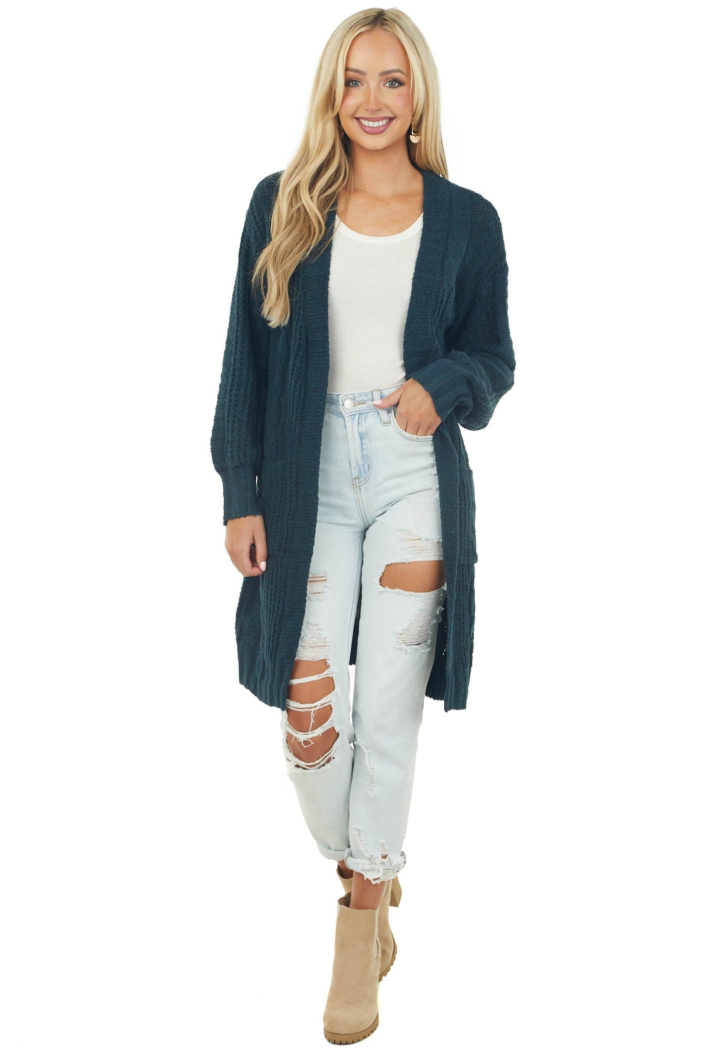 Dark Teal Open Front Twisted Knit Cardigan