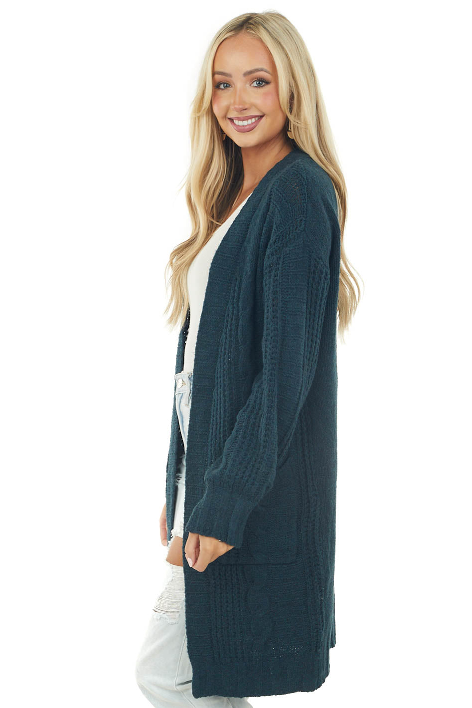 Dark Teal Open Front Twisted Knit Cardigan