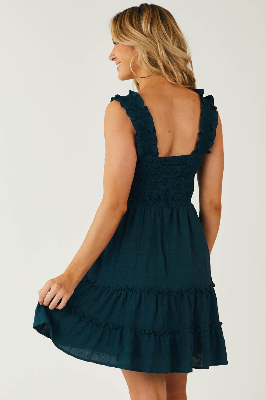 Dark Teal Smocked Ruffle Strap Tiered Dress