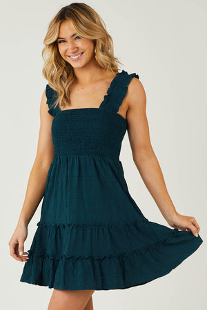 Dark Teal Smocked Ruffle Strap Tiered Dress