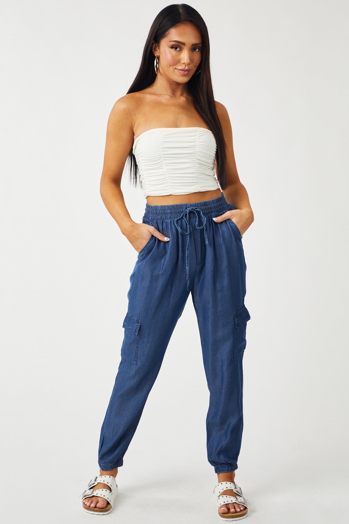 Dark Wash Chambray Cargo Pocket Joggers