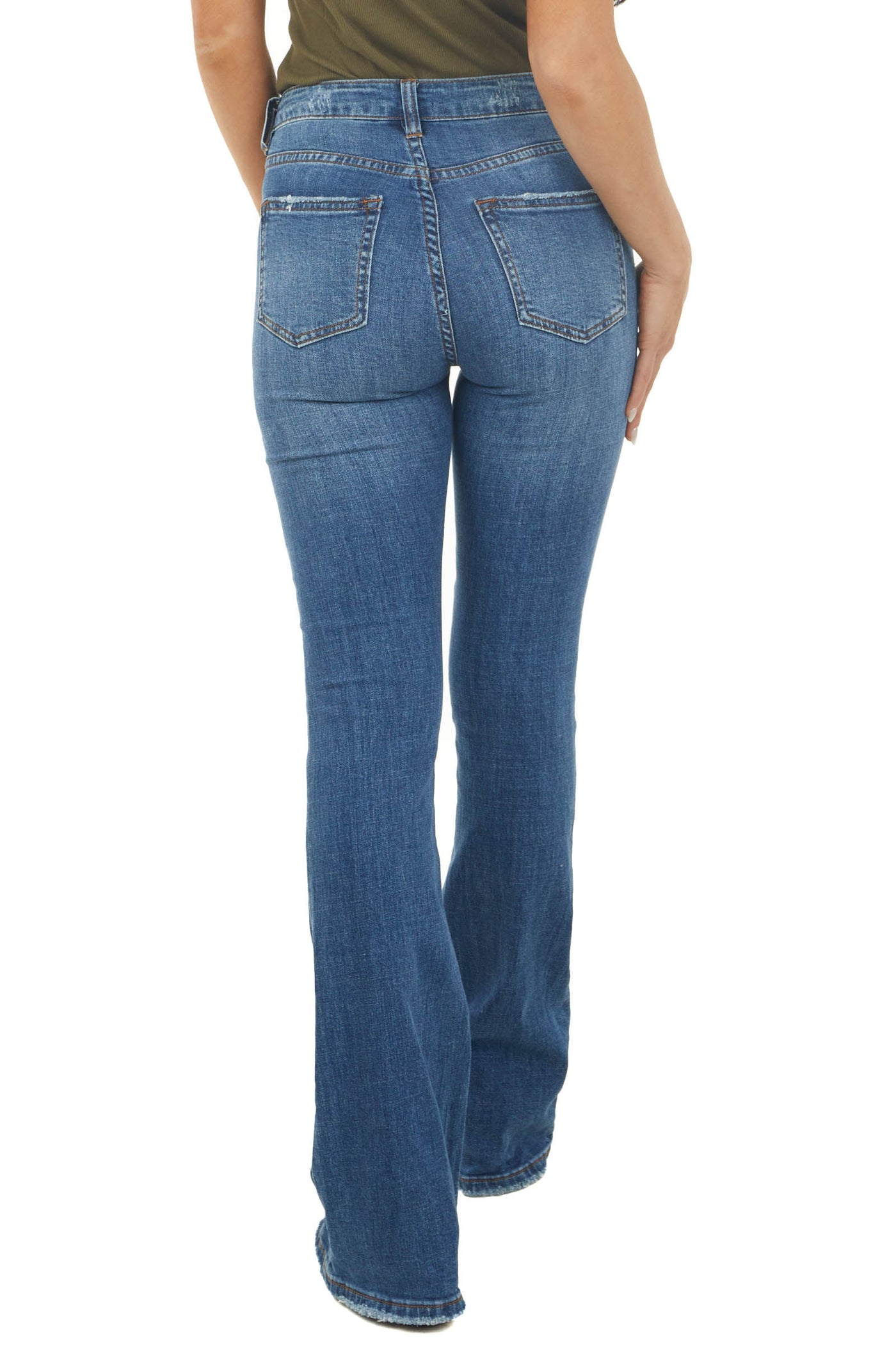 Dark Wash Distressed High Rise Flare Jeans