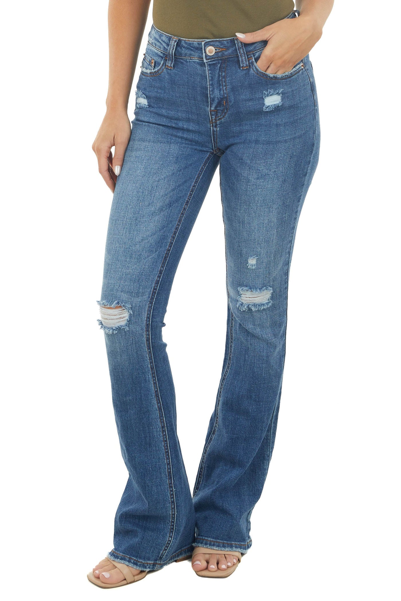 Dark Wash Distressed High Rise Flare Jeans