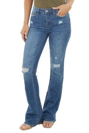 Dark Wash Distressed High Rise Flare Jeans