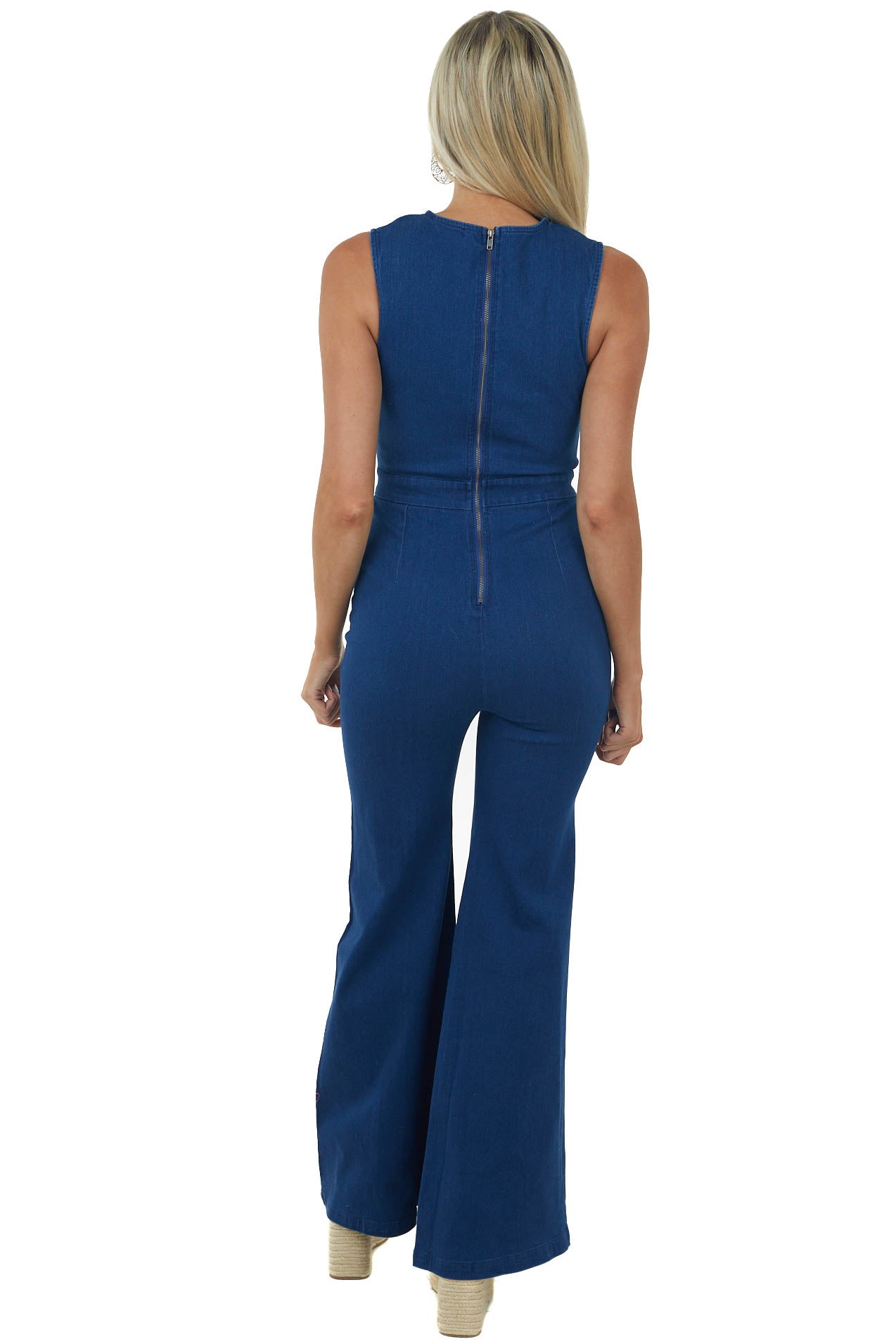 Dark Wash Front Cut Out Flare Leg Jumpsuit