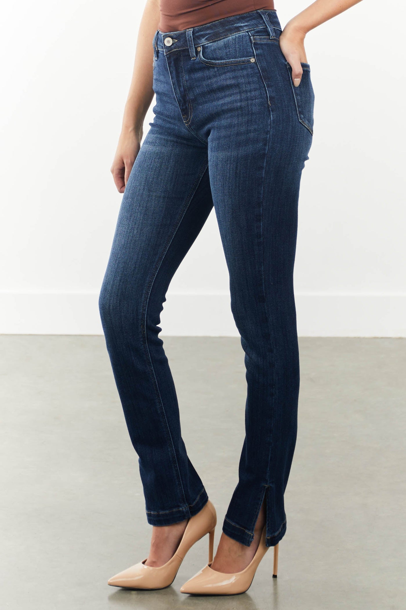Dark Wash High Rise Bootcut Jeans with Side Slits