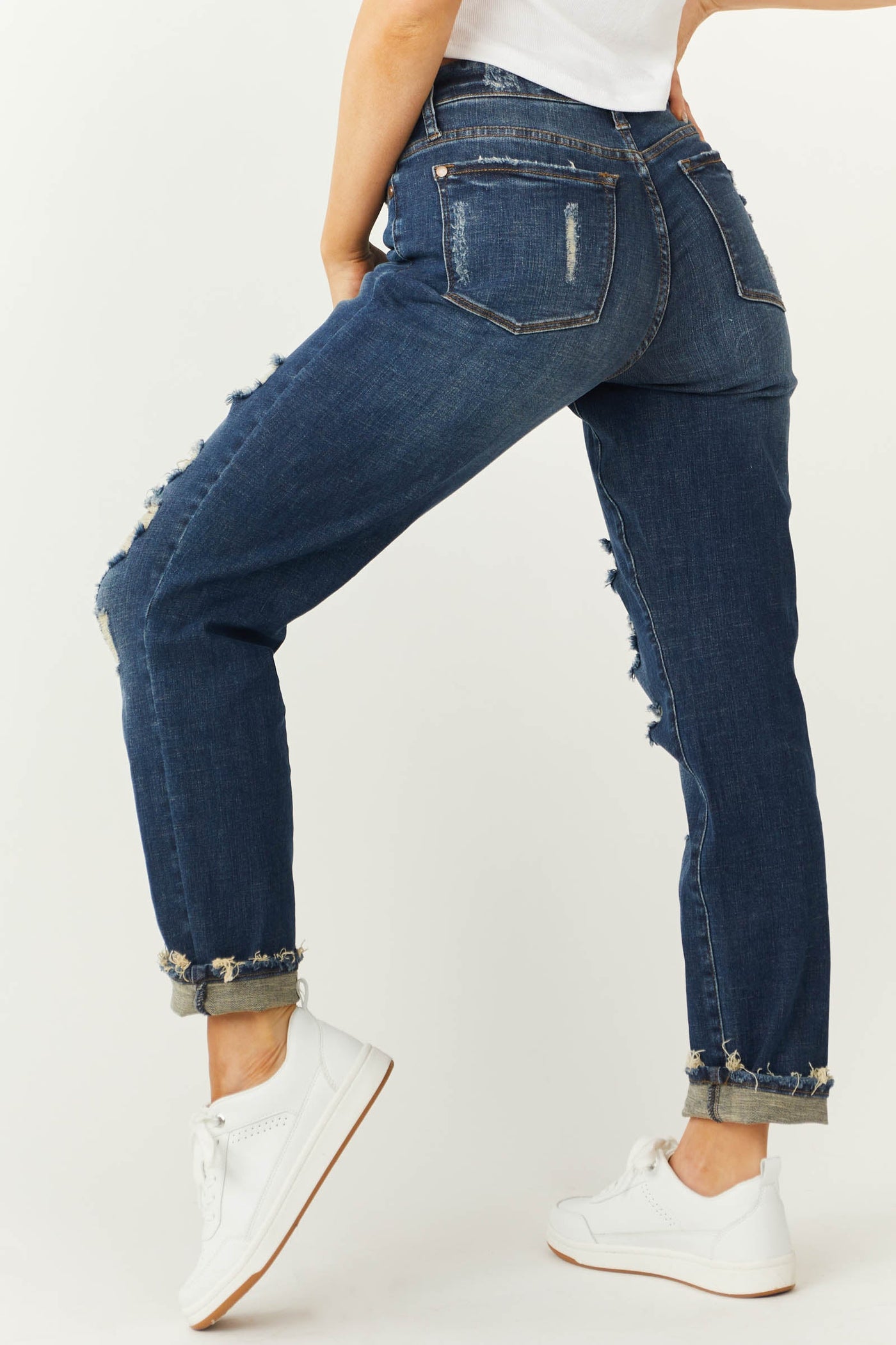 Dark Wash High Rise Distressed Boyfriend Jeans