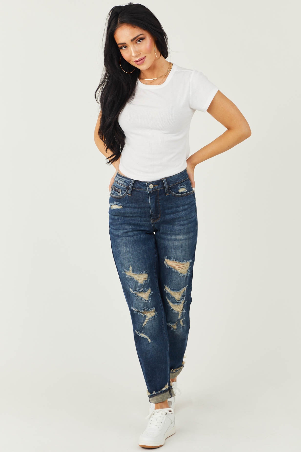 Dark Wash High Rise Distressed Boyfriend Jeans