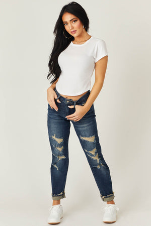 Dark Wash High Rise Distressed Boyfriend Jeans