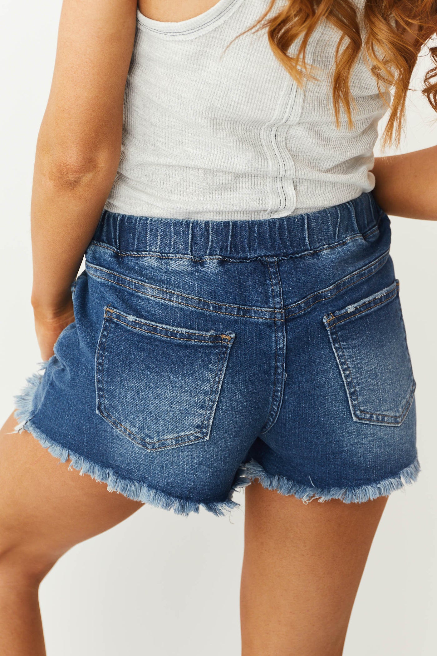 Dark Wash High Rise Elastic Waist Denim Shorts