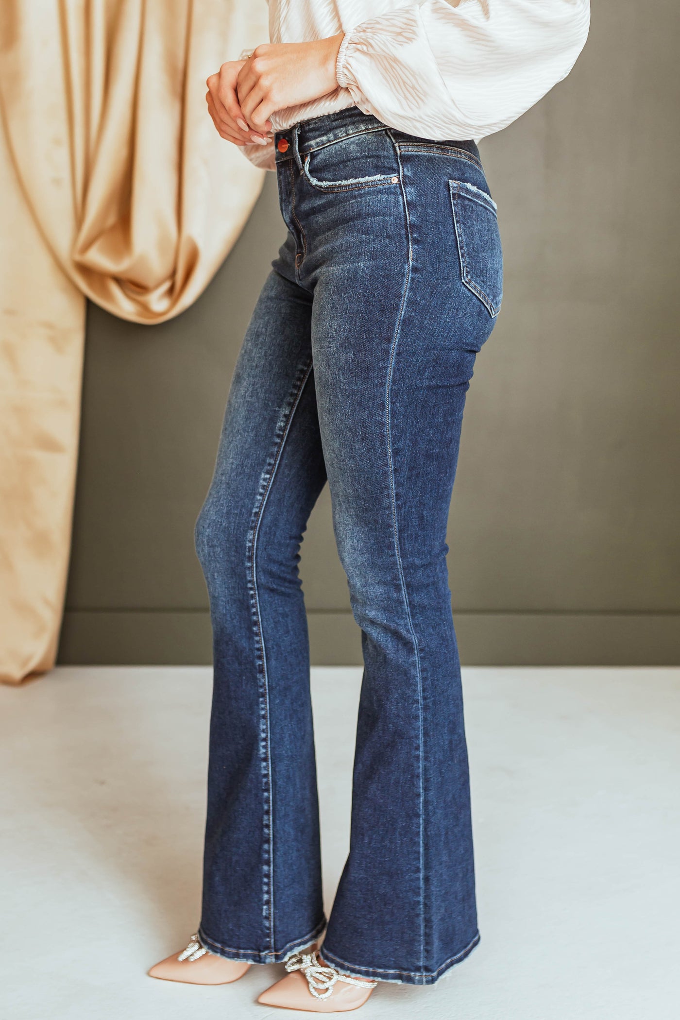 Dark Wash High Rise Flare Denim Zipper Fly Jeans