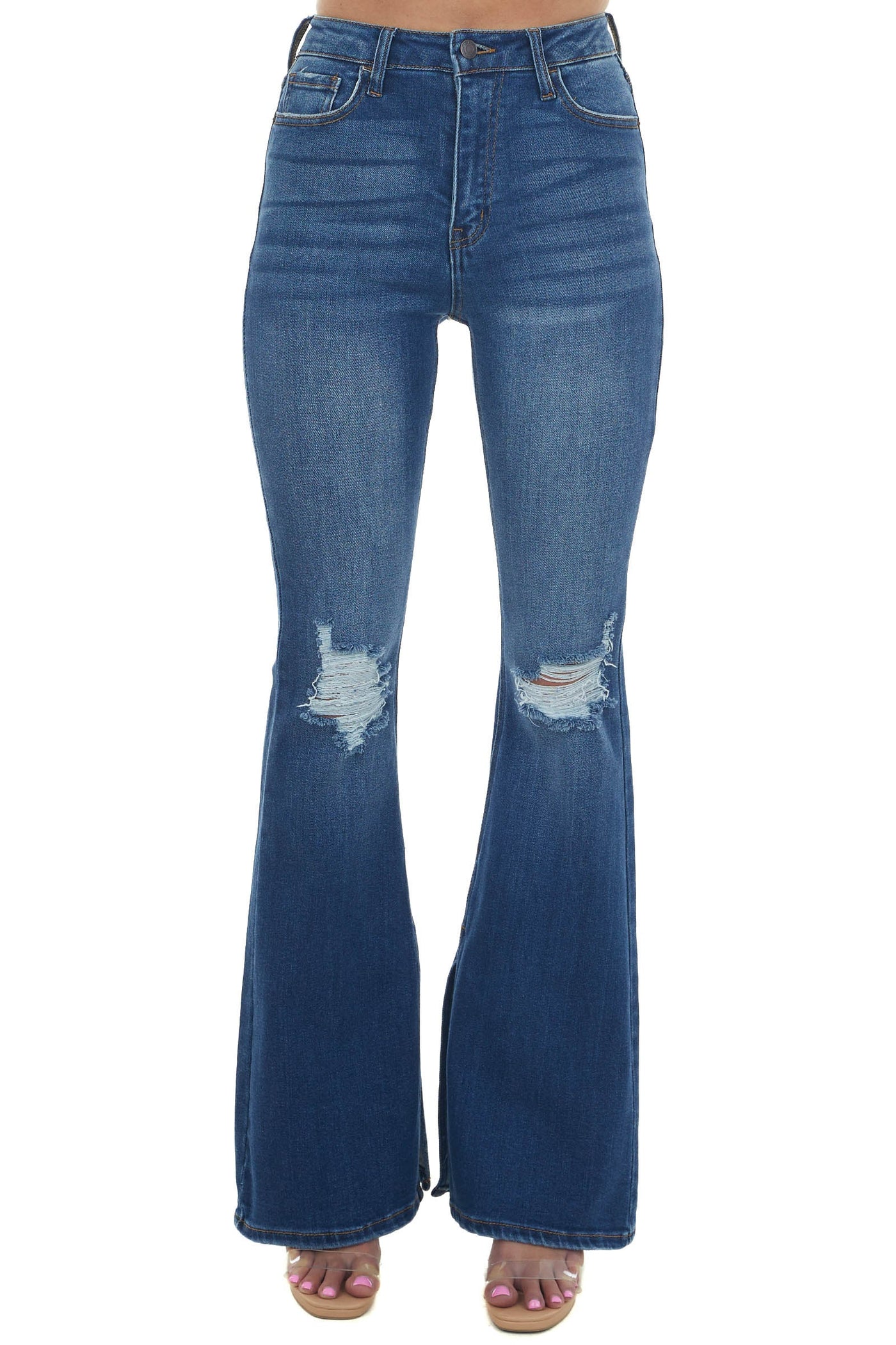 Dark Wash High Rise Flare Jeans with Side Slits