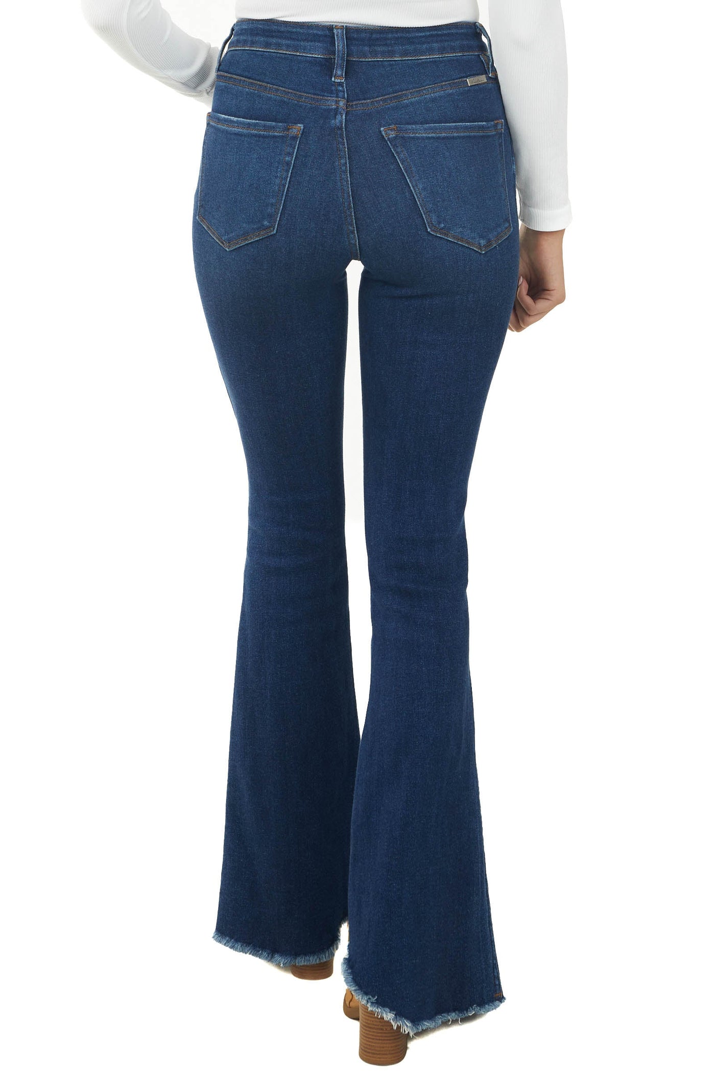 Dark High Rise Frayed Hem Flare Jeans
