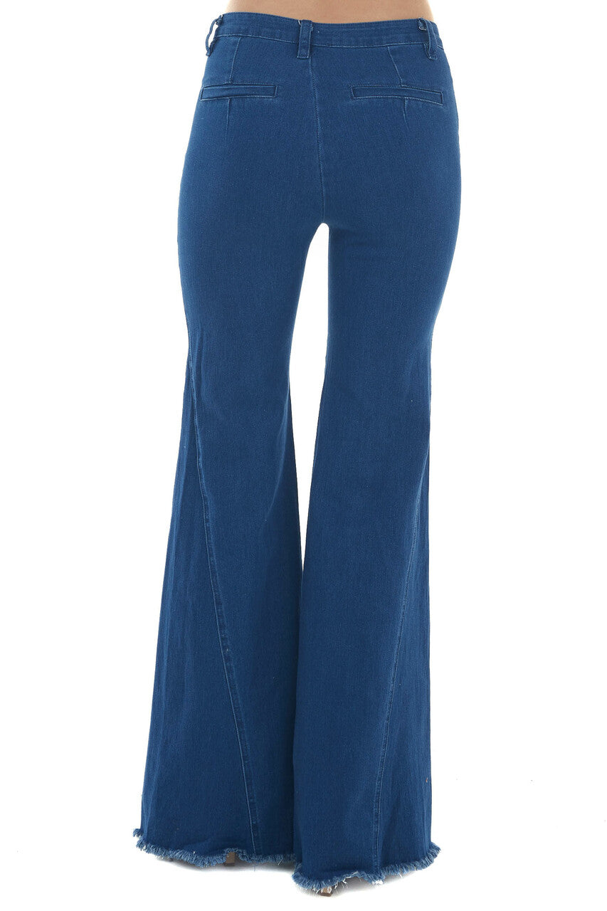 Dark Wash High Rise Frayed Hem Flare Jeans 