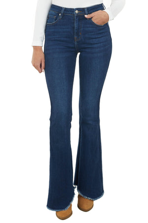 Dark High Rise Frayed Hem Flare Jeans