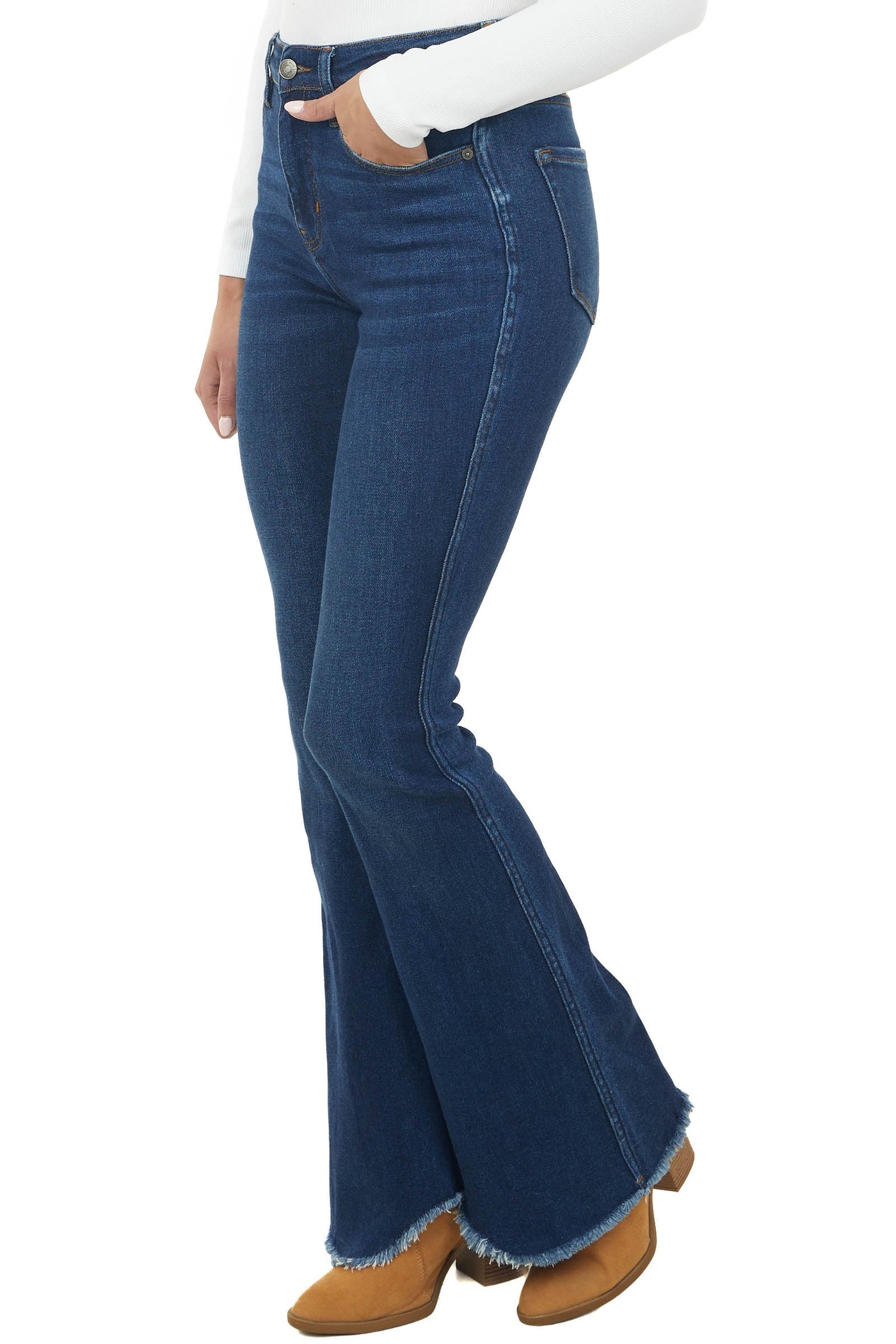 Dark High Rise Frayed Hem Flare Jeans