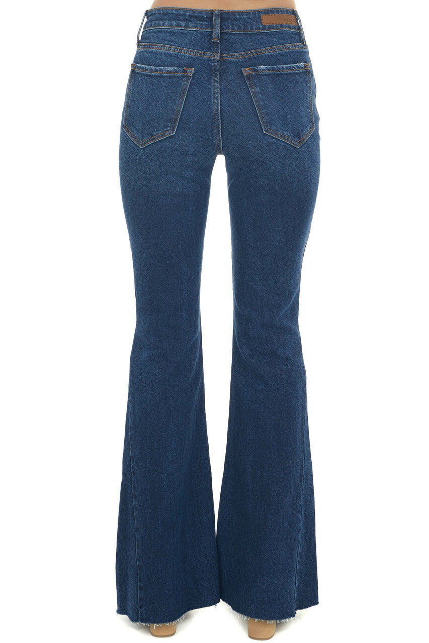 Dark Wash High Rise Raw Hem Flare Jeans