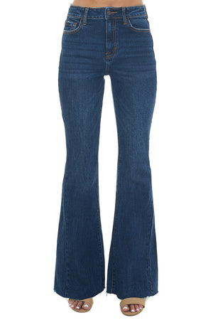 Dark Wash High Rise Raw Hem Flare Jeans
