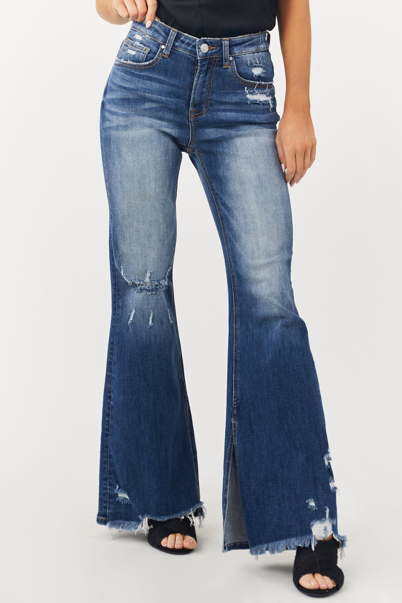 Dark Wash High Rise Side Slit Flare Jeans
