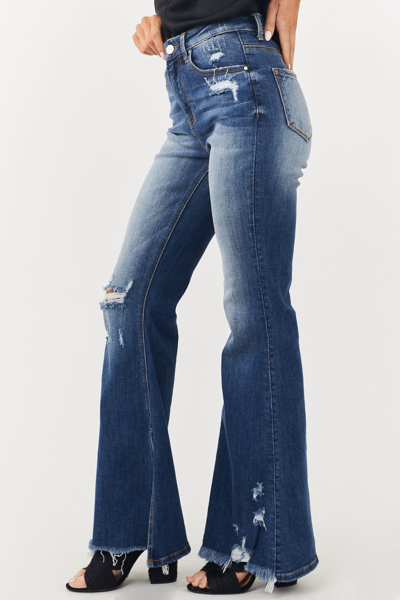 Dark Wash High Rise Side Slit Flare Jeans