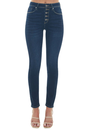 Dark Wash High Rise Skinny Fit Button Up Jeans