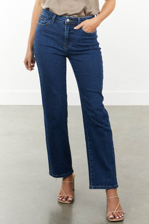 Dark Wash High Rise Zipper Fly Straight Leg Jeans