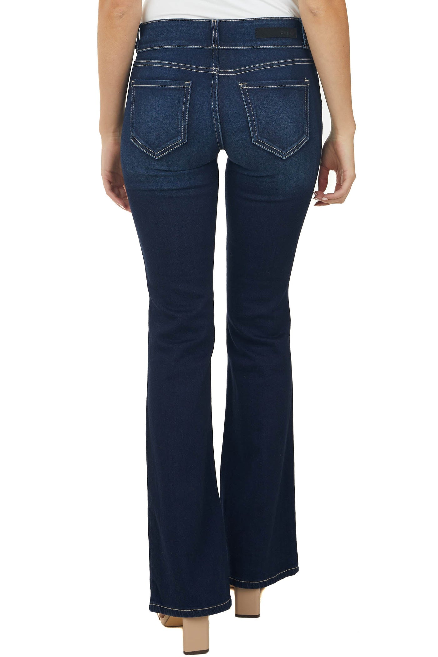Dark Wash Mid Rise Double Button Flare Jeans