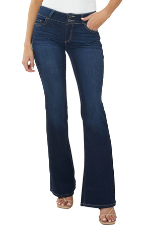 Dark Wash Mid Rise Double Button Flare Jeans