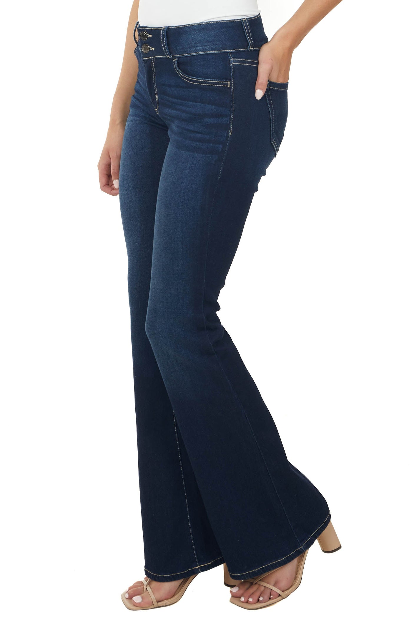 Dark Wash Mid Rise Double Button Flare Jeans