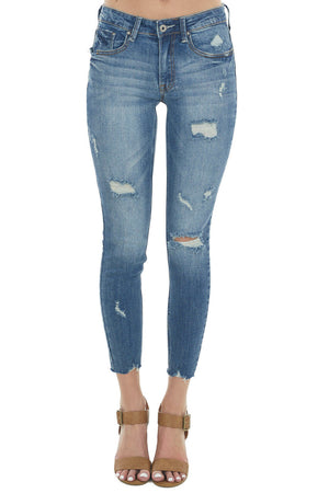 Dark Wash Mid Rise Raw Hem Distressed Jeans