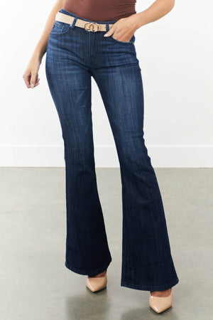 Dark Wash Mid Rise Zipper Fly Flare Denim Jeans