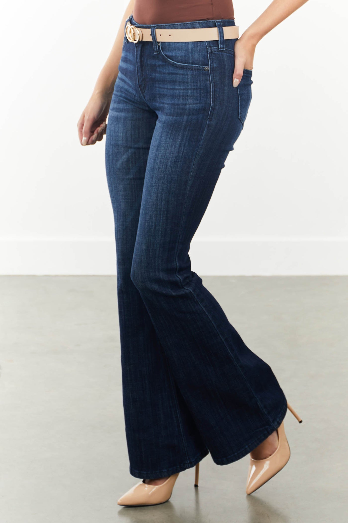 Dark Wash Mid Rise Zipper Fly Flare Denim Jeans