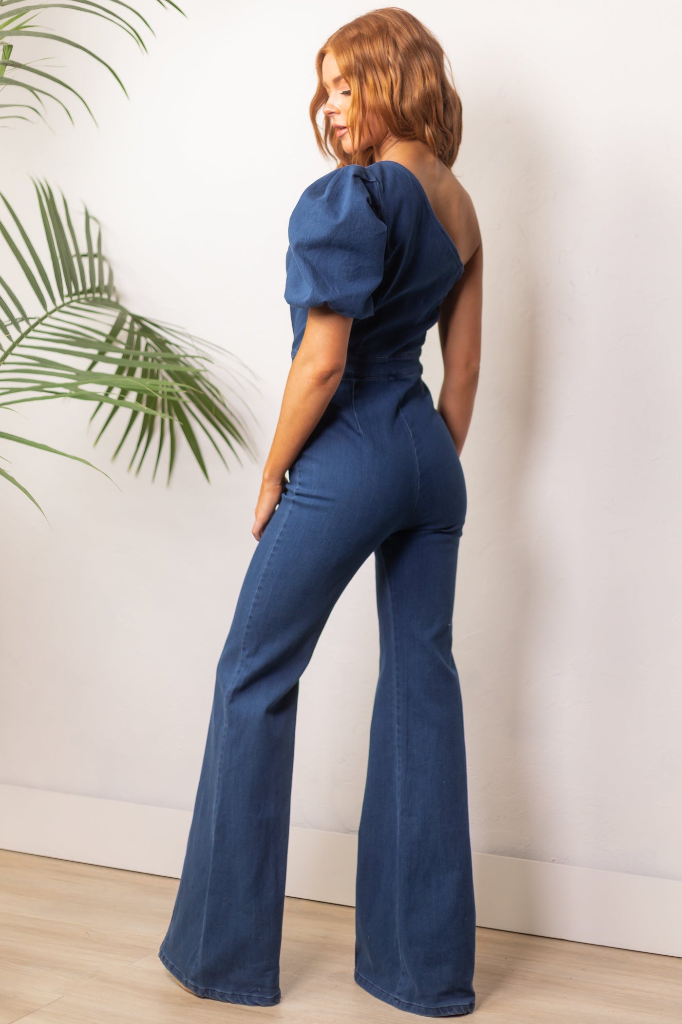 Dark Wash One Shoulder Flare Leg Denim Jumpsuit