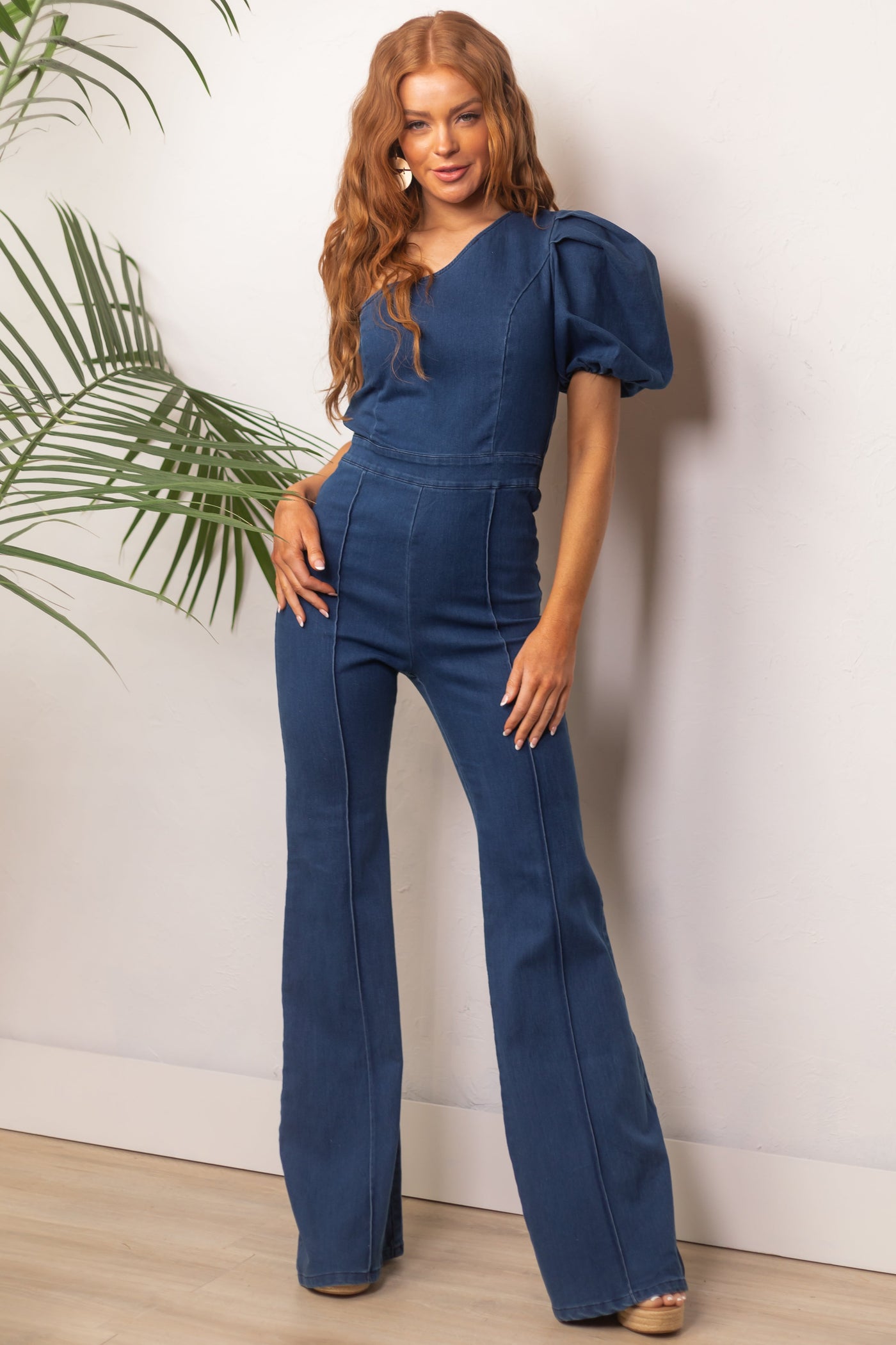 Dark Wash One Shoulder Flare Leg Denim Jumpsuit