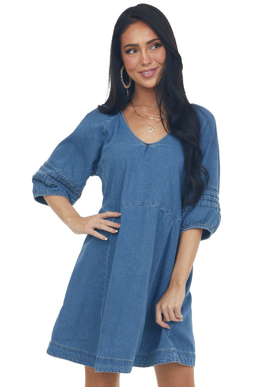 Dark Wash Pleated Puff Sleeve Denim Dress
