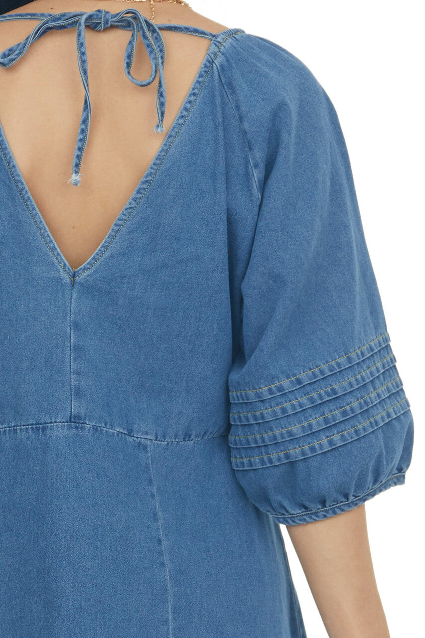Dark Wash Pleated Puff Sleeve Denim Dress