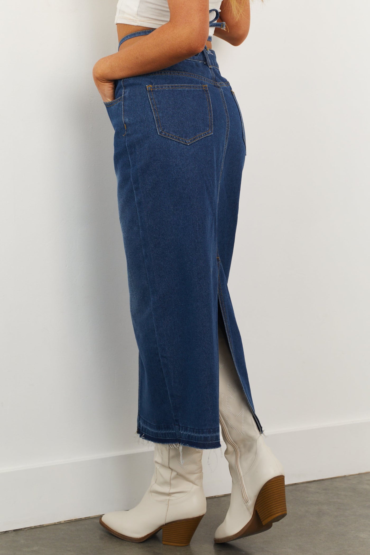 Dark Wash Raw Hem Denim Midi Skirt