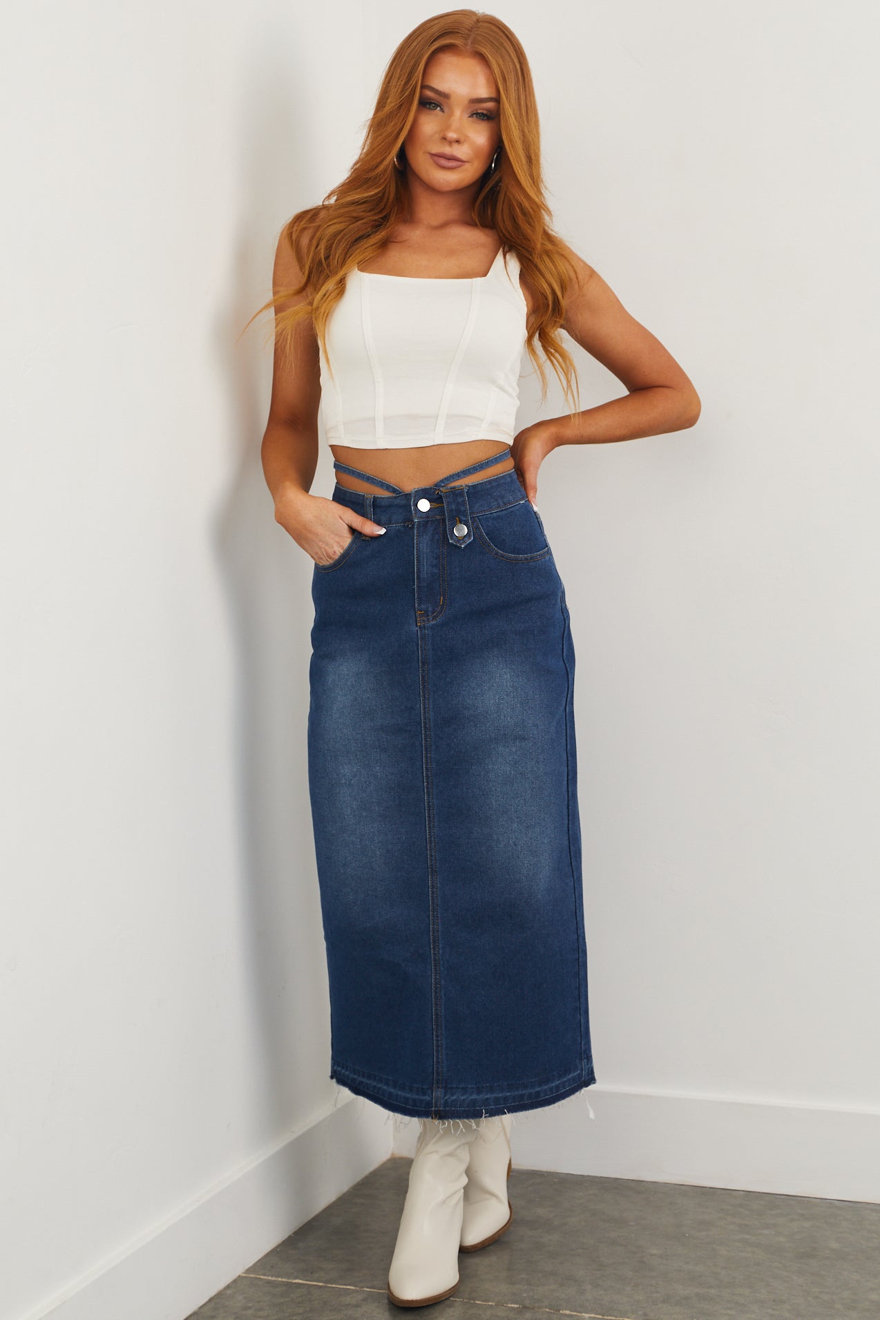 Dark Wash Raw Hem Denim Midi Skirt