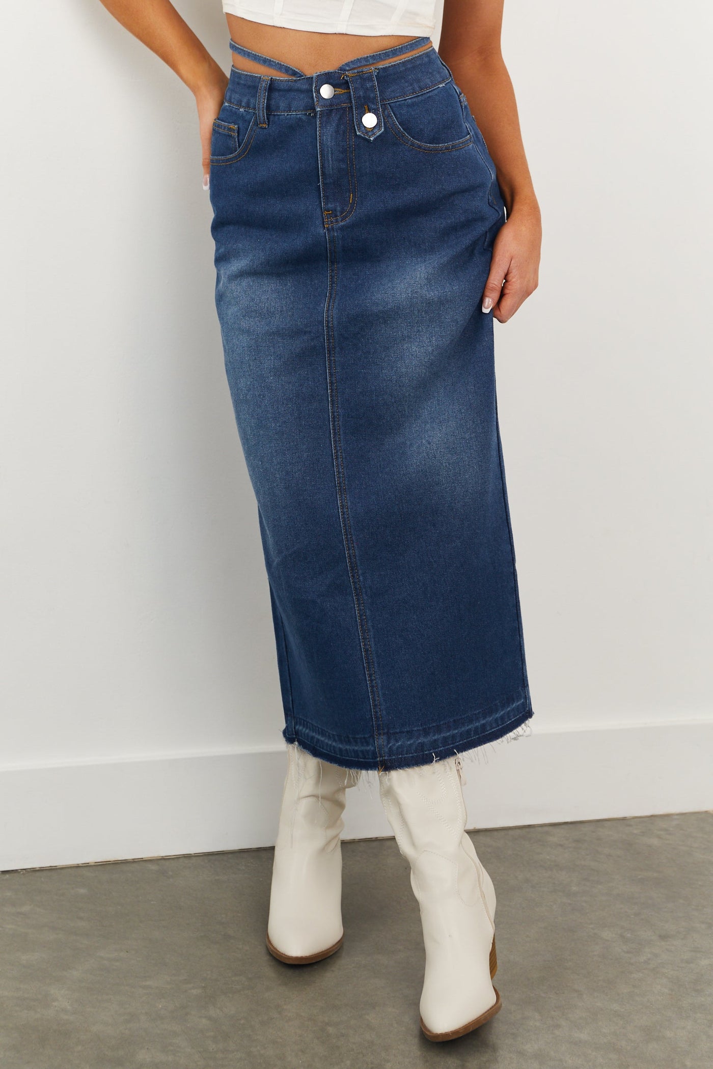 Dark Wash Raw Hem Denim Midi Skirt