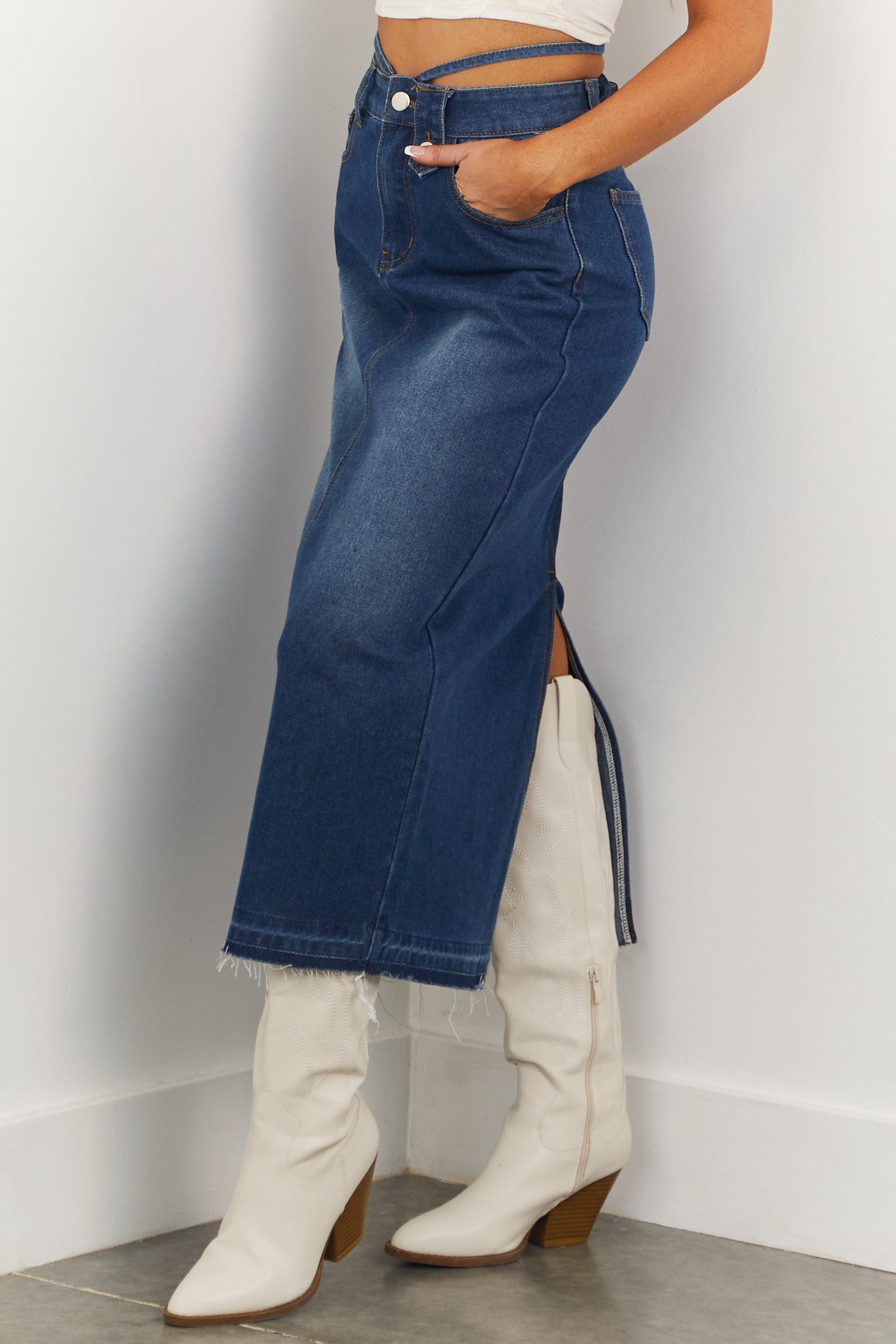 Dark Wash Raw Hem Denim Midi Skirt