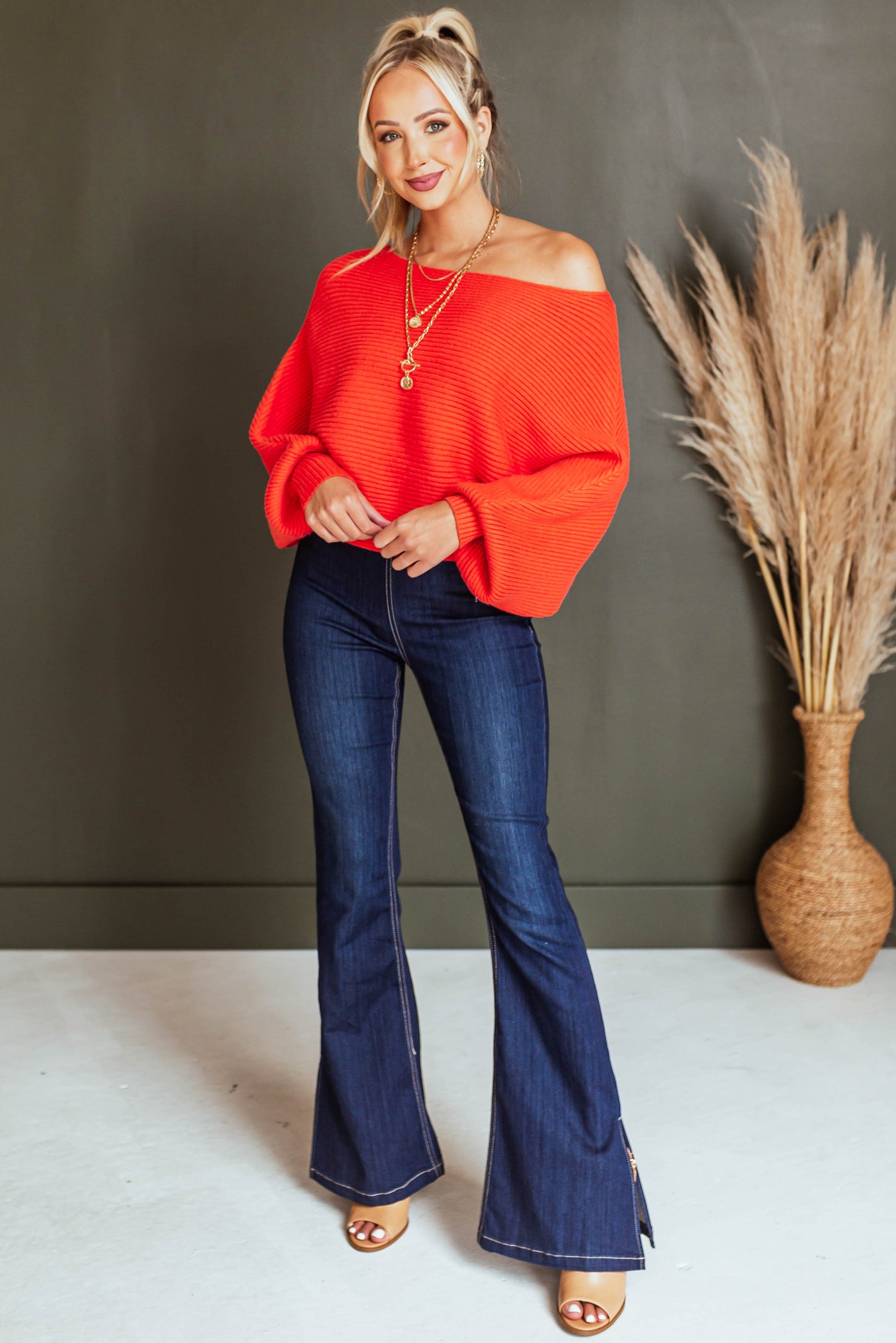 Dark Wash Slit Flare Hem Pull On Jeggings