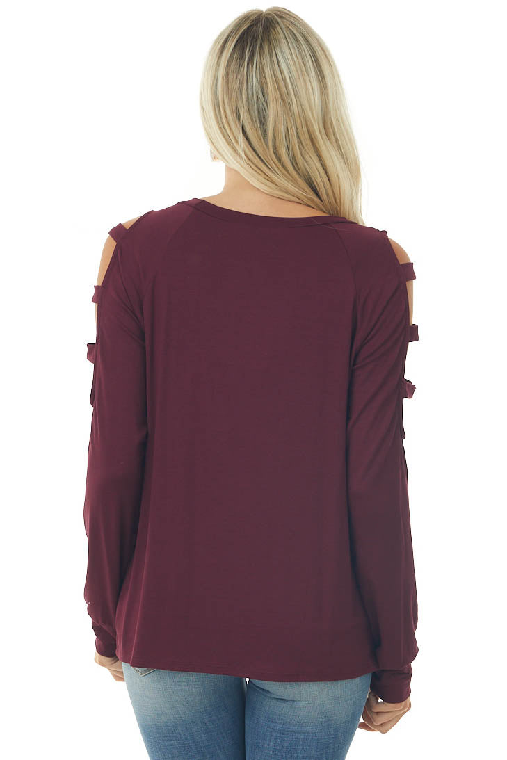 Dark Wine Ladder Cold Shoulder Loose Top