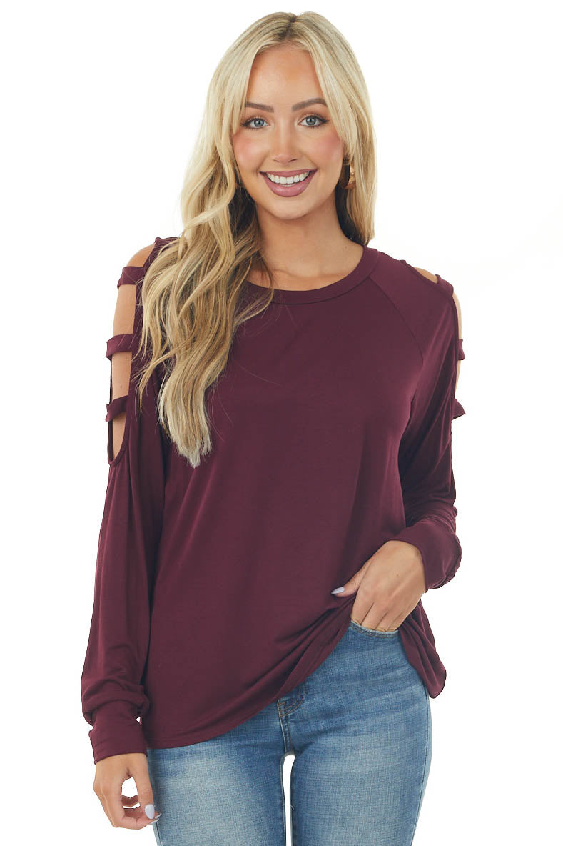 Dark Wine Ladder Cold Shoulder Loose Top