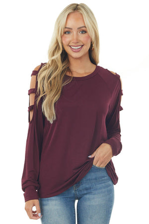 Dark Wine Ladder Cold Shoulder Loose Top