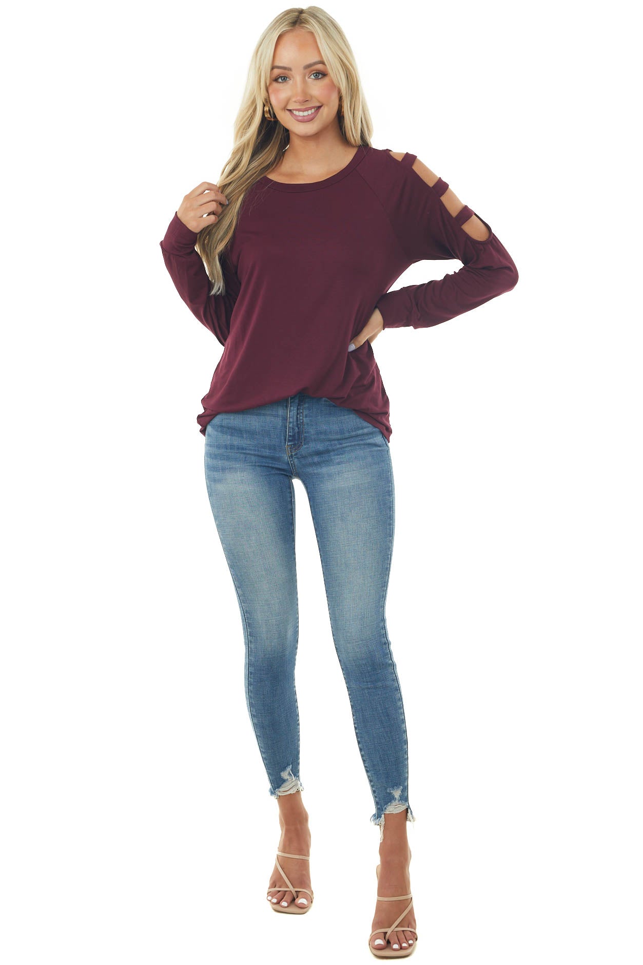 Dark Wine Ladder Cold Shoulder Loose Top