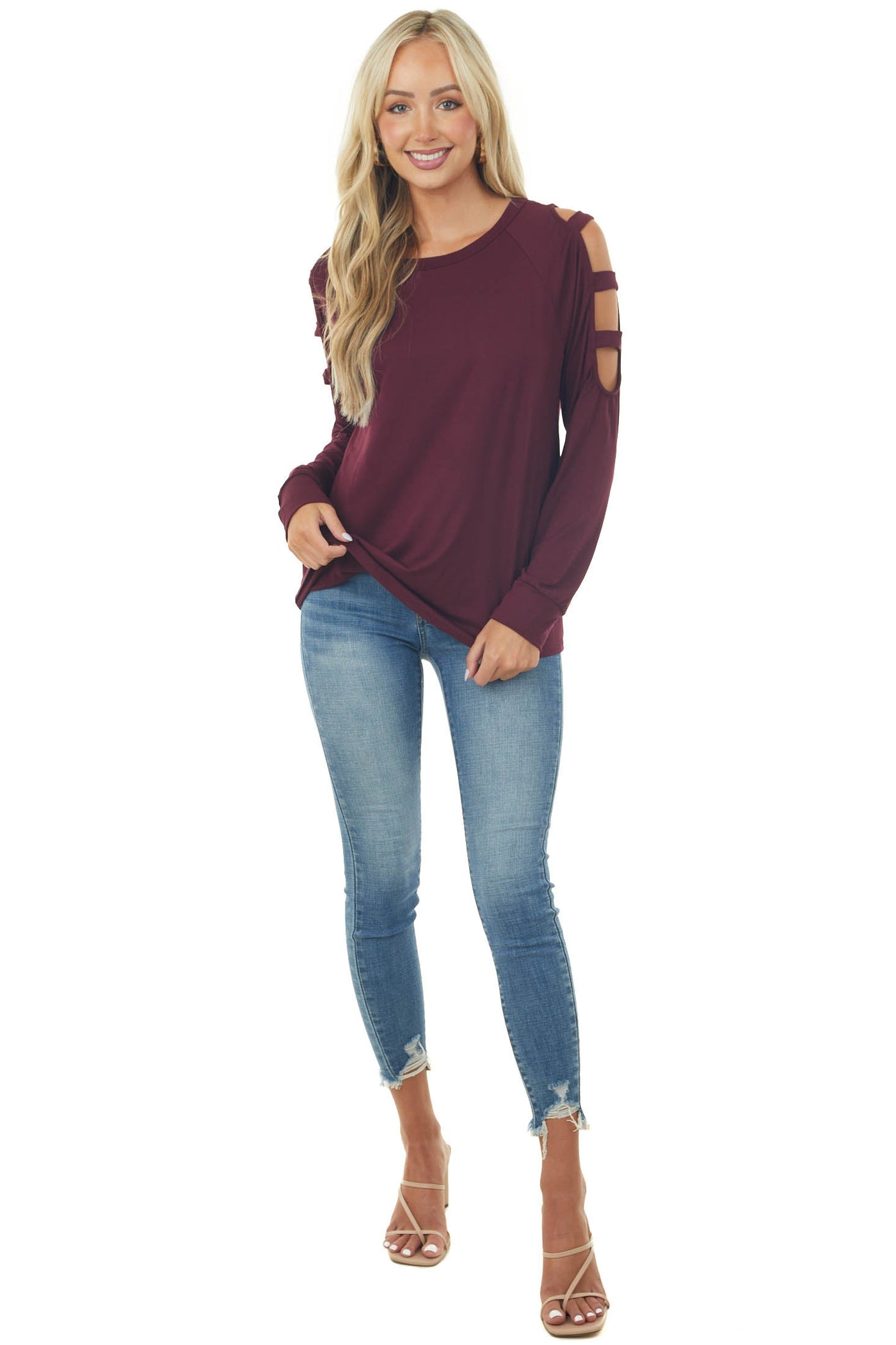 Dark Wine Ladder Cold Shoulder Loose Top