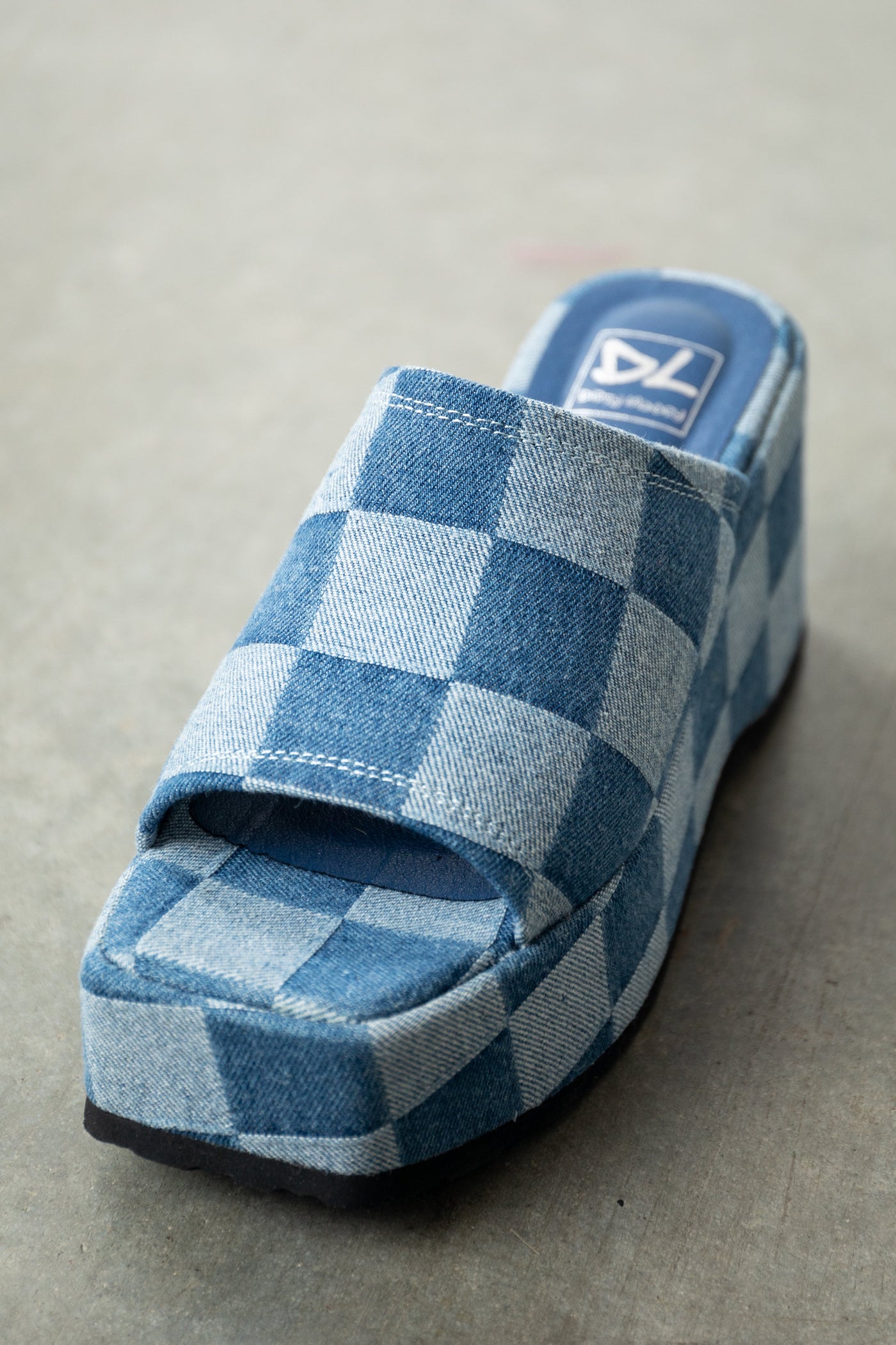 Dark Denim Checkered Platform Wedge Heels
