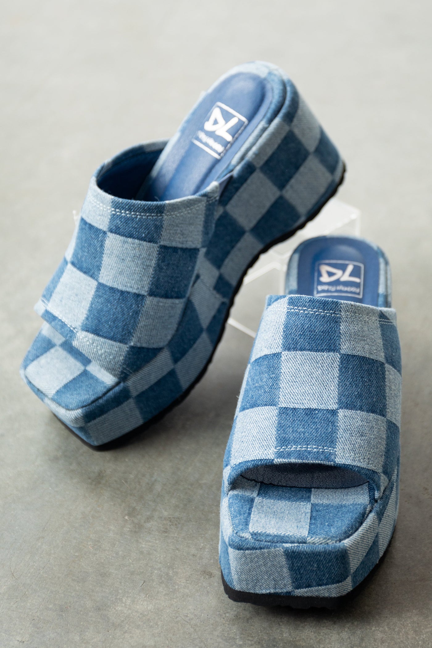 Dark Denim Checkered Platform Wedge Heels