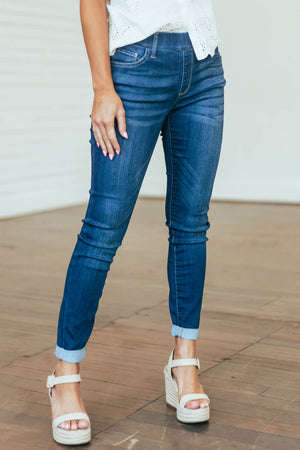 Dark Denim Mid Rise Rolled Hem Skinny Jeggings